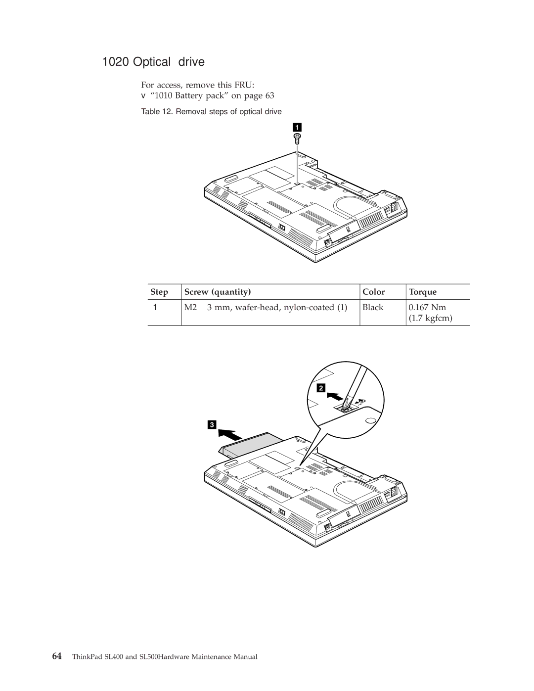 IBM SL500 manual Optical drive, Step Screw quantity Color Torque 