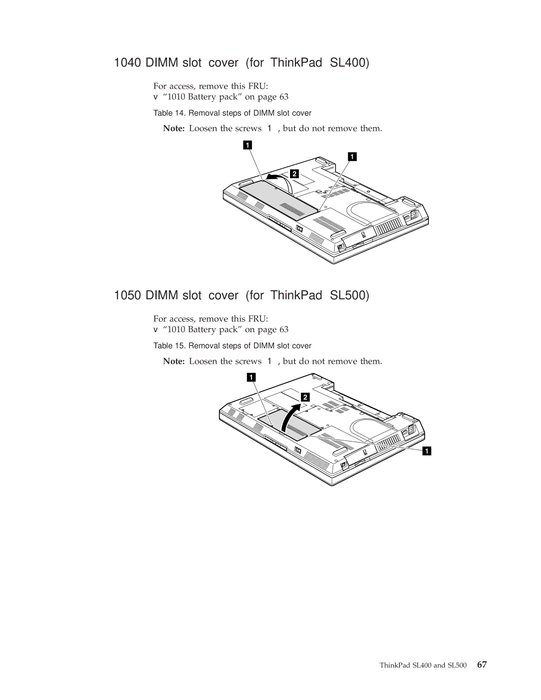 IBM manual Dimm slot cover for ThinkPad SL400, Dimm slot cover for ThinkPad SL500 