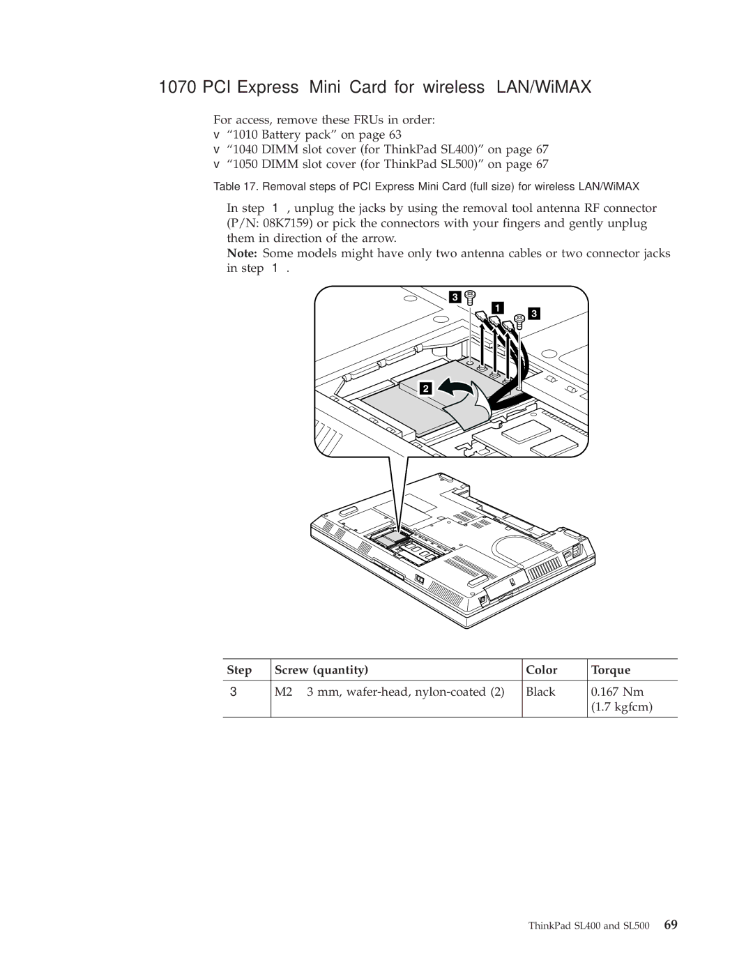 IBM SL500 manual PCI Express Mini Card for wireless LAN/WiMAX, Step 