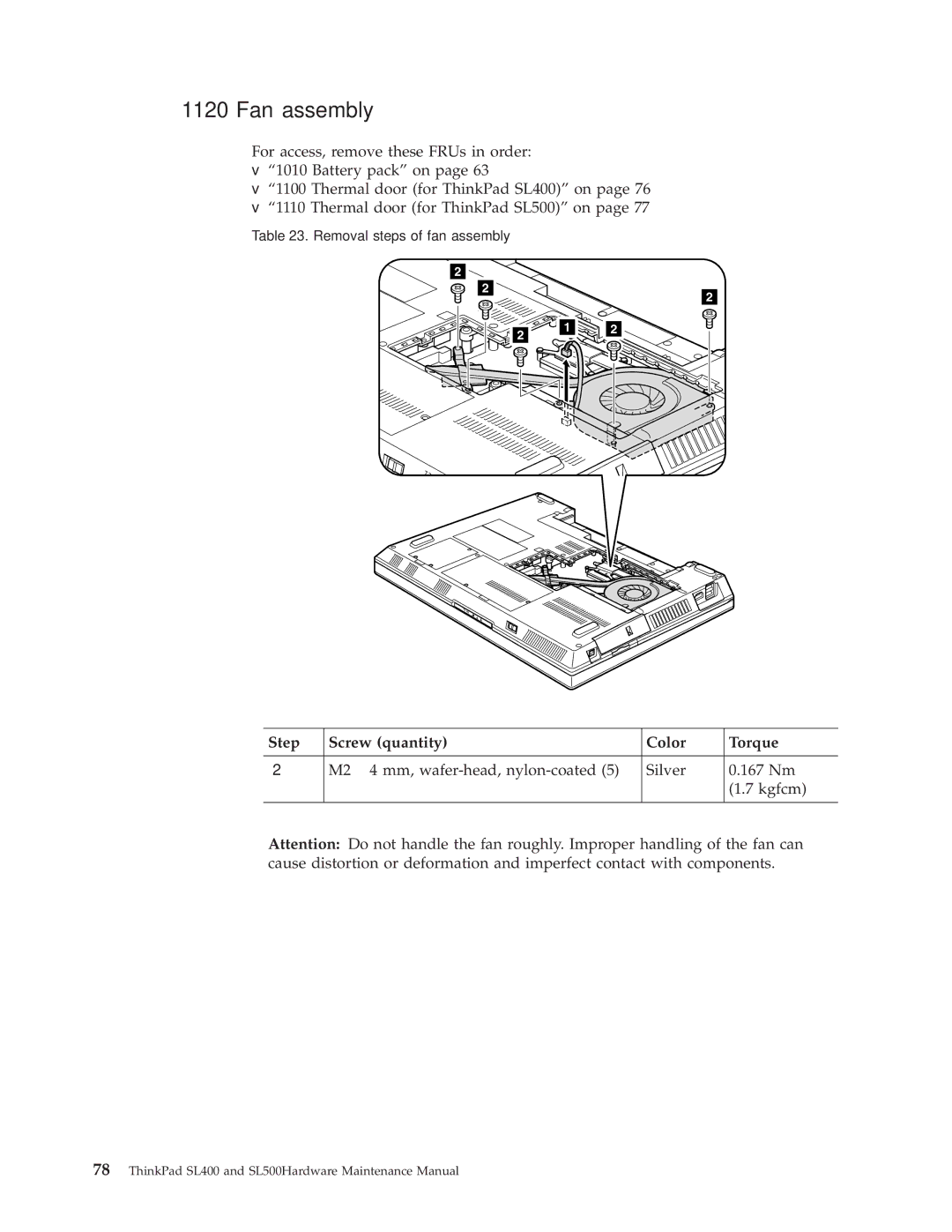 IBM SL500 manual Fan assembly, M2 ⋅ 4 mm, wafer-head, nylon-coated Silver 167 Nm Kgfcm 