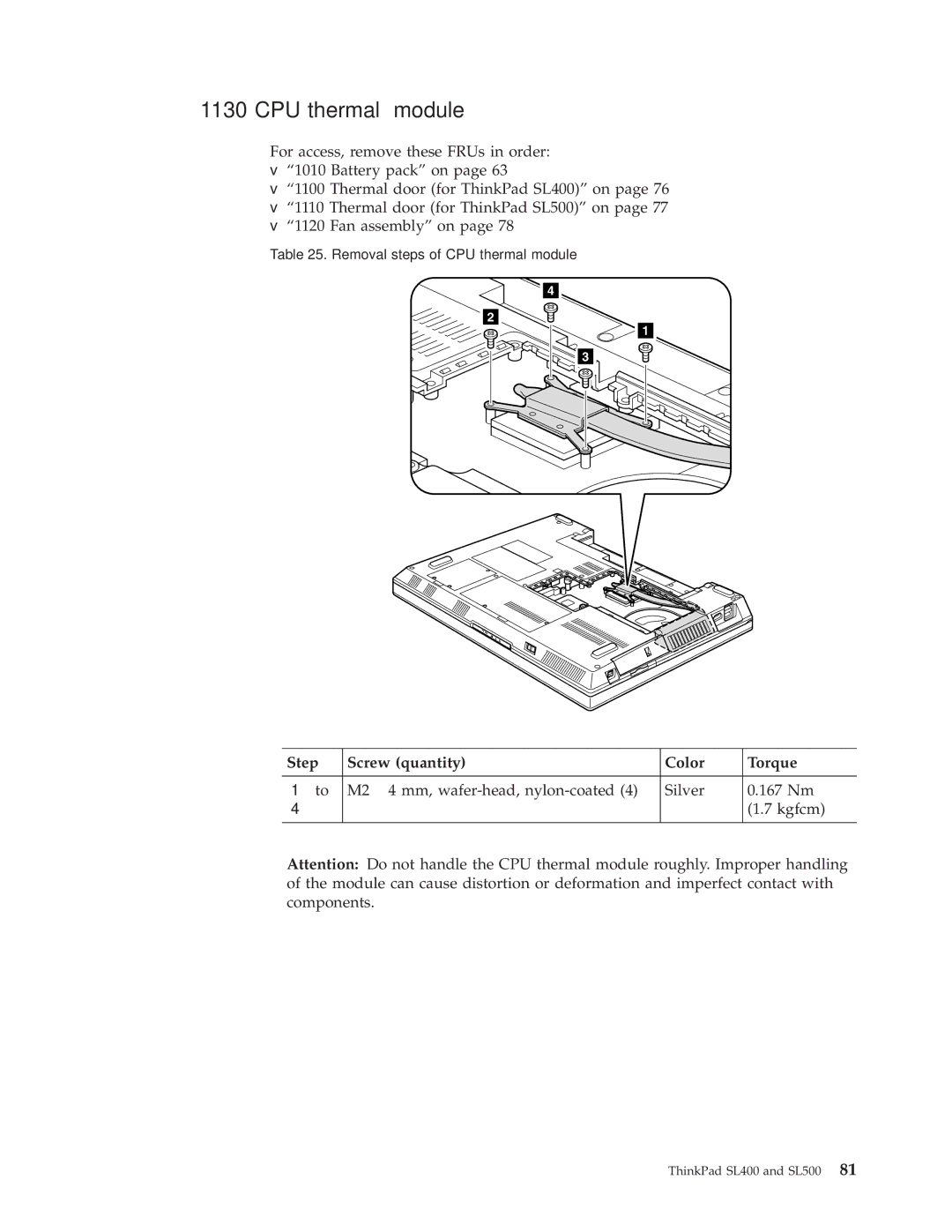 IBM SL500 manual CPU thermal module, Step Screw quantity Color Torque 