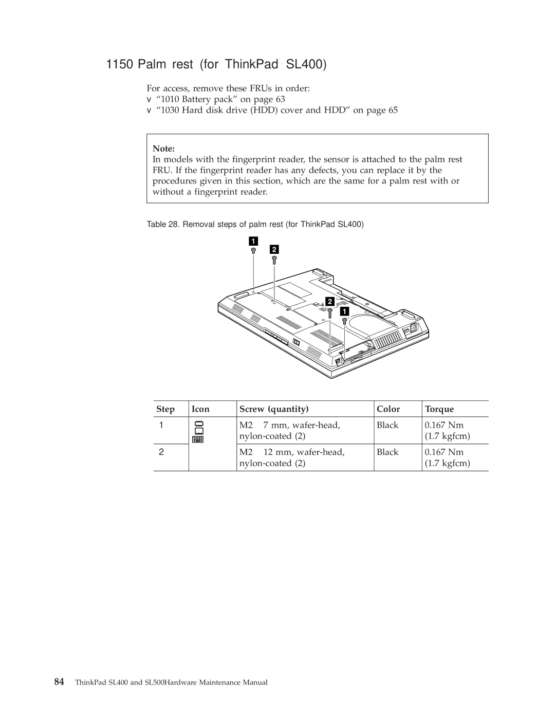 IBM SL500 manual Palm rest for ThinkPad SL400, Step Icon Screw quantity Color Torque 