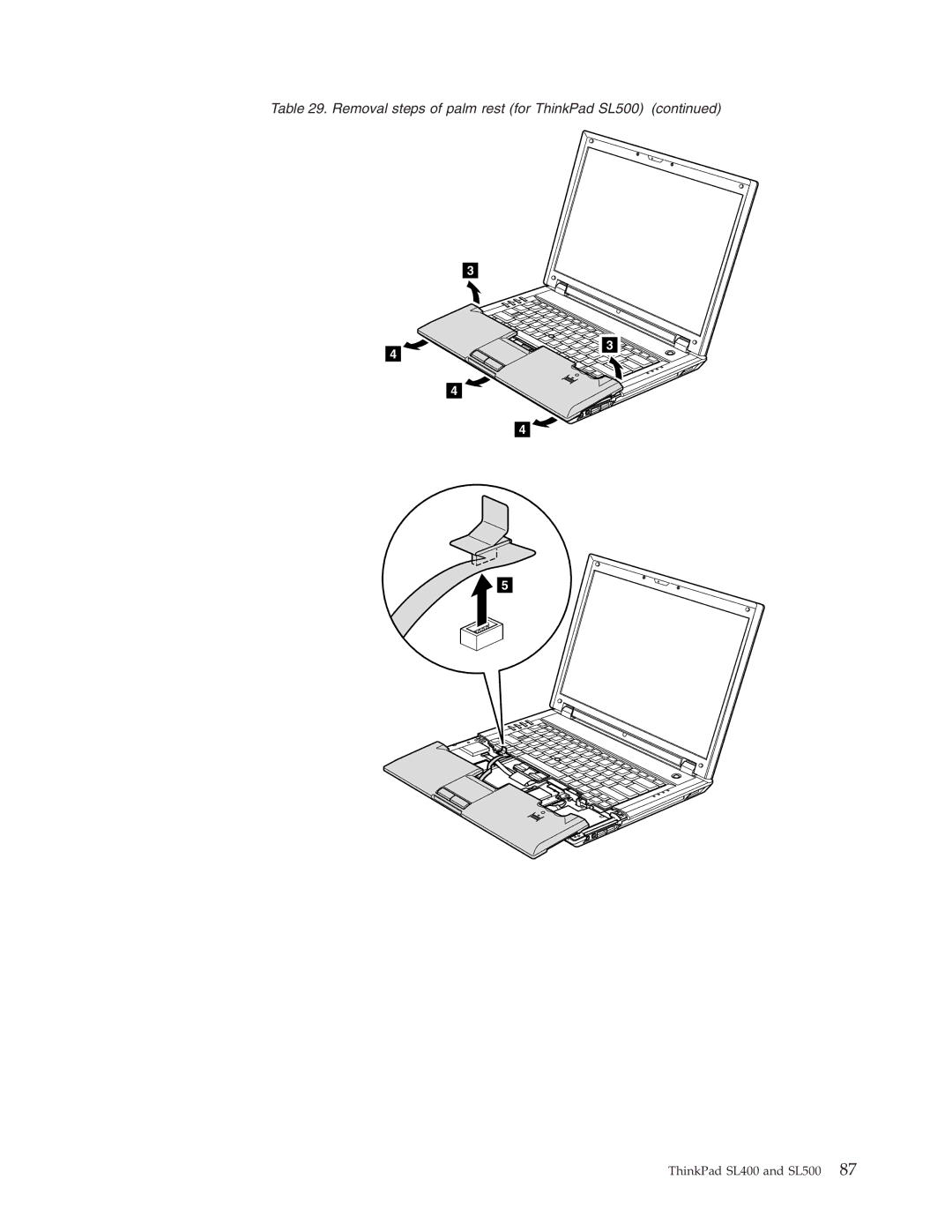 IBM manual Removal steps of palm rest for ThinkPad SL500 