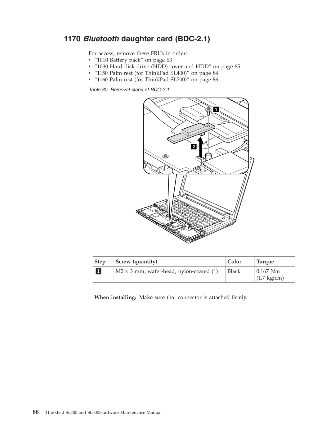 IBM SL500 manual Bluetooth daughter card BDC-2.1, Step Screw quantity Color Torque 