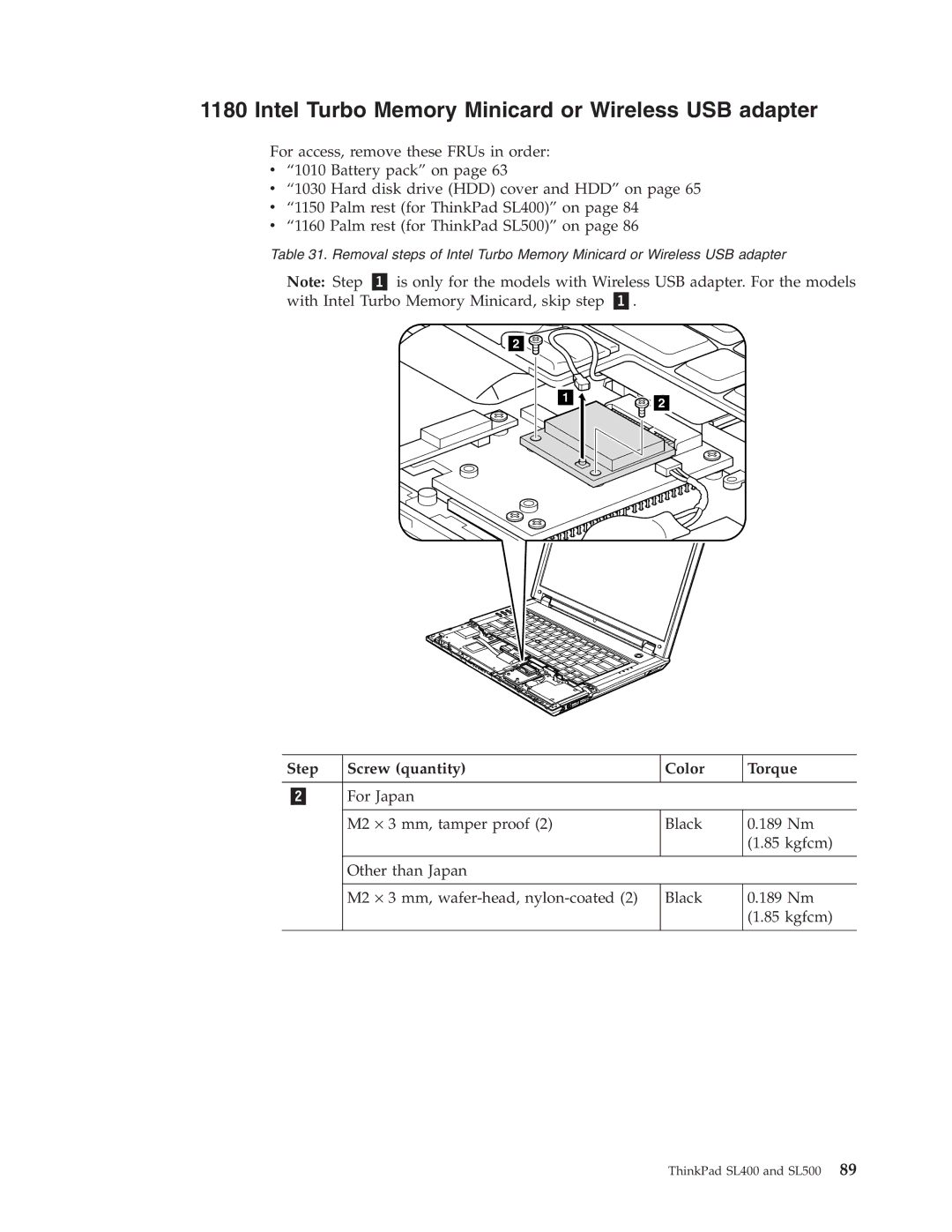 IBM SL500 manual Intel Turbo Memory Minicard or Wireless USB adapter 