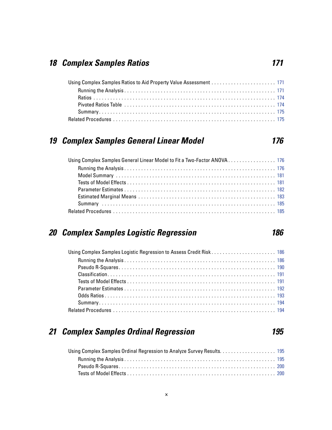 IBM SPSS COMPLEX SAMPLES 19 manual Complex Samples Ratios 171, Complex Samples General Linear Model 176 