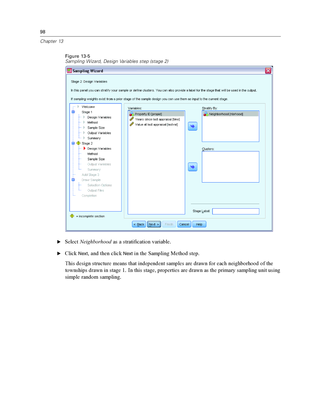 IBM SPSS COMPLEX SAMPLES 19 manual Chapter Sampling Wizard, Design Variables step stage 