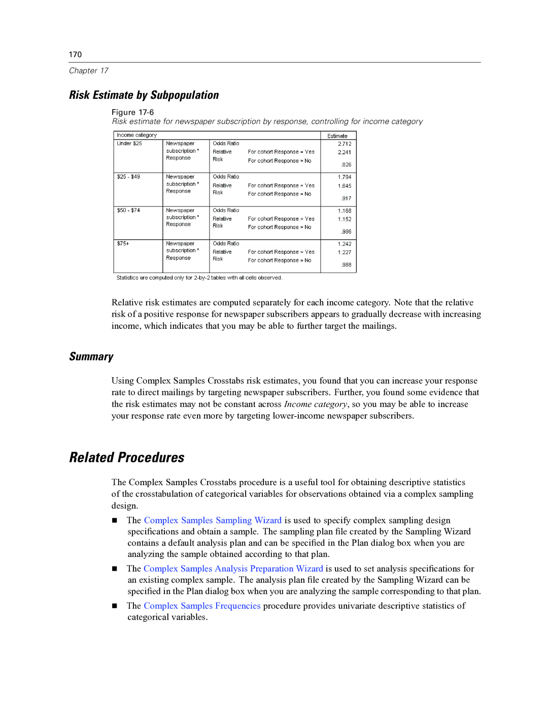 IBM SPSS COMPLEX SAMPLES 19 manual Risk Estimate by Subpopulation, Summary 