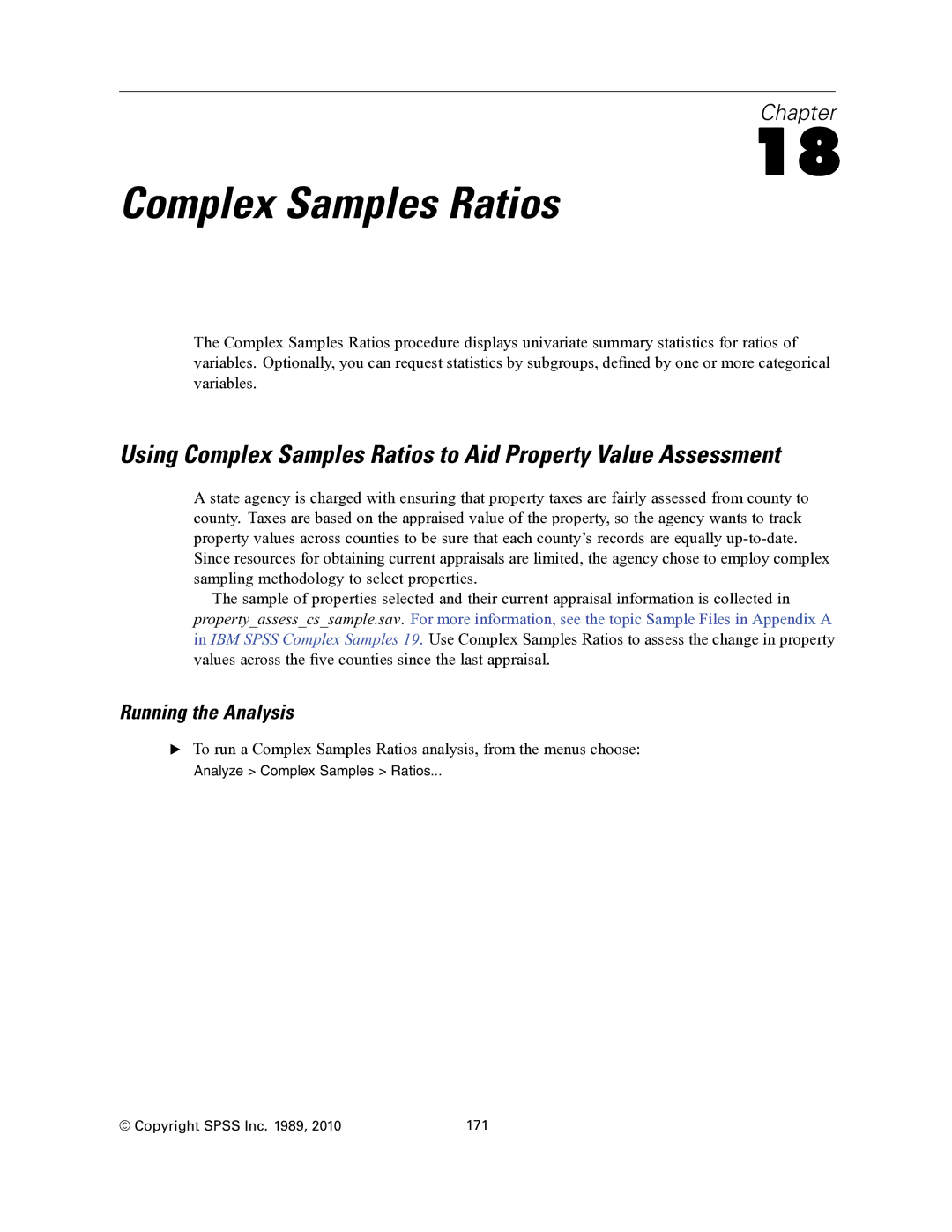 IBM SPSS COMPLEX SAMPLES 19 manual Analyze Complex Samples Ratios Copyright Spss Inc 171 