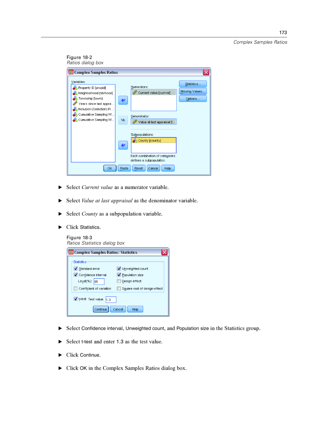 IBM SPSS COMPLEX SAMPLES 19 manual Select t-testand enter 1.3 as the test value 