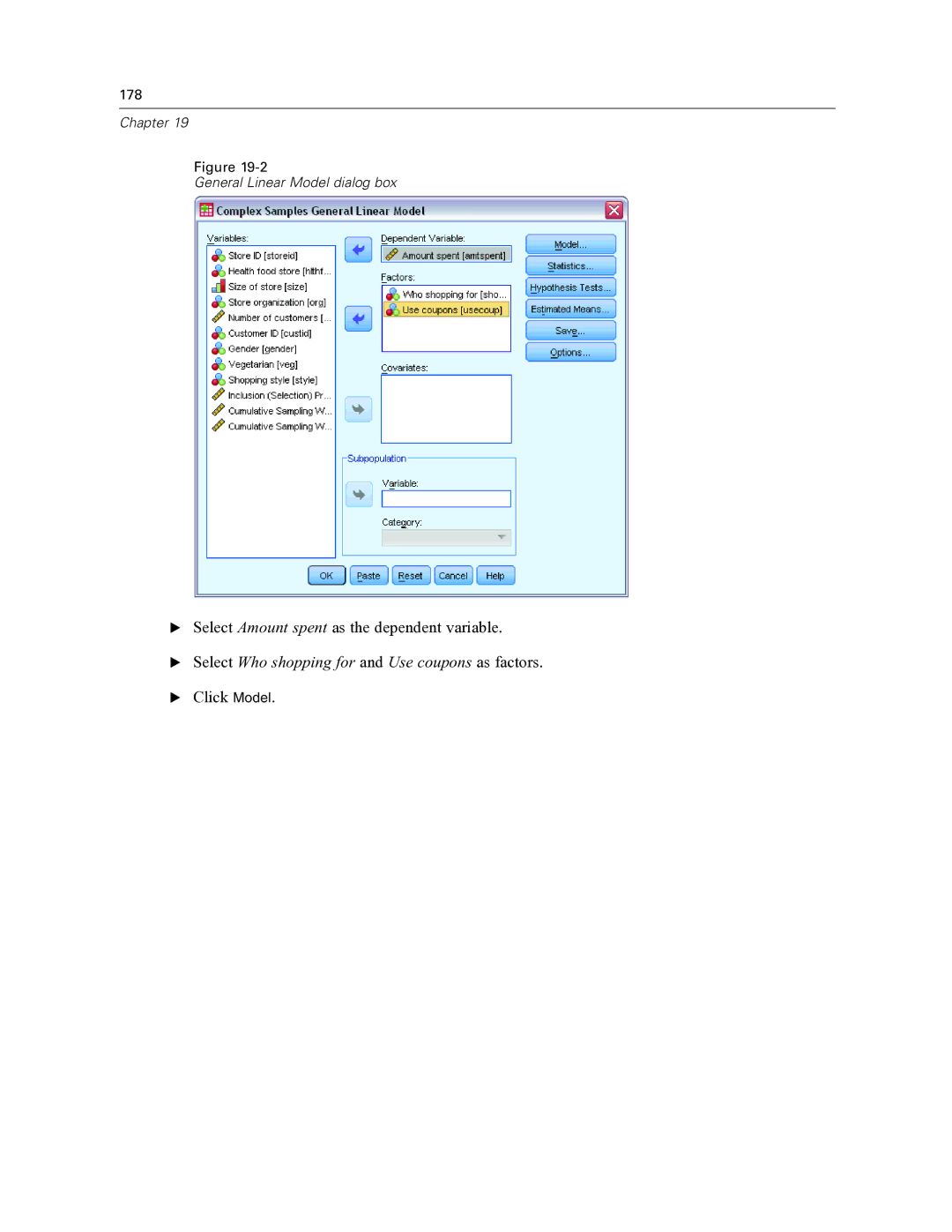 IBM SPSS COMPLEX SAMPLES 19 manual Select Who shopping for and Use coupons as factors 