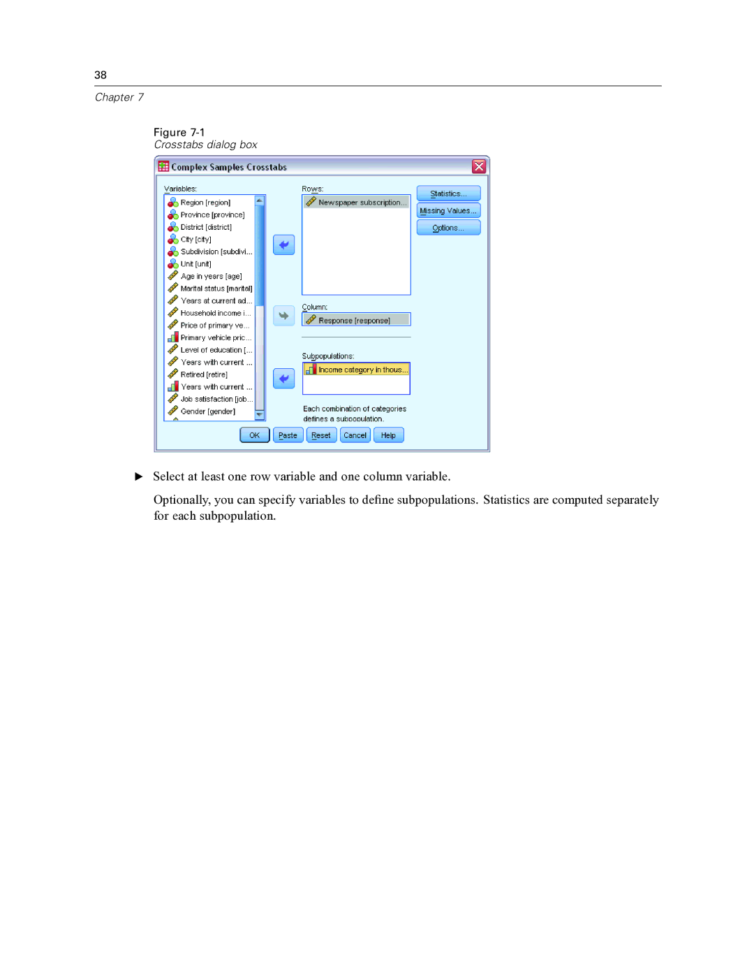 IBM SPSS COMPLEX SAMPLES 19 manual Chapter Crosstabs dialog box 