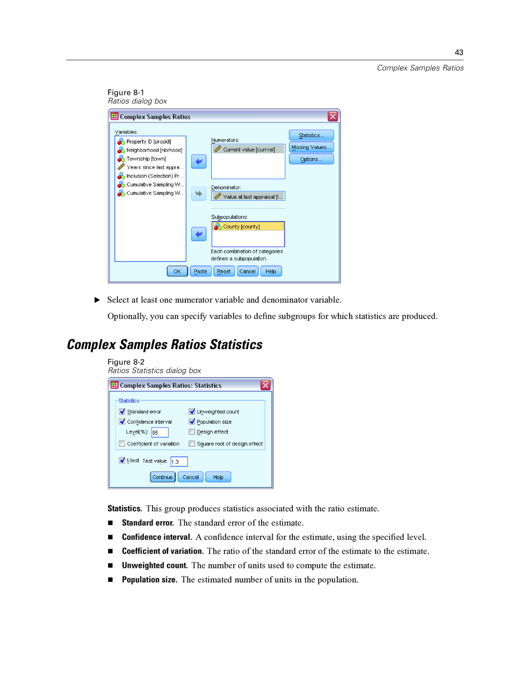 IBM SPSS COMPLEX SAMPLES 19 manual Complex Samples Ratios Statistics 