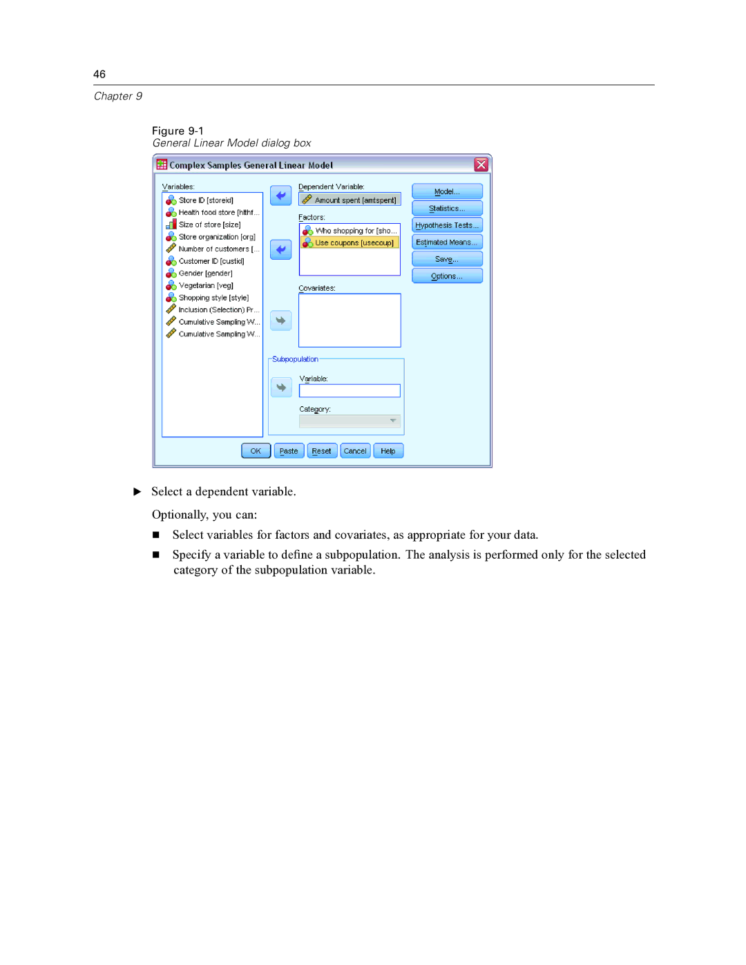 IBM SPSS COMPLEX SAMPLES 19 manual Chapter General Linear Model dialog box 