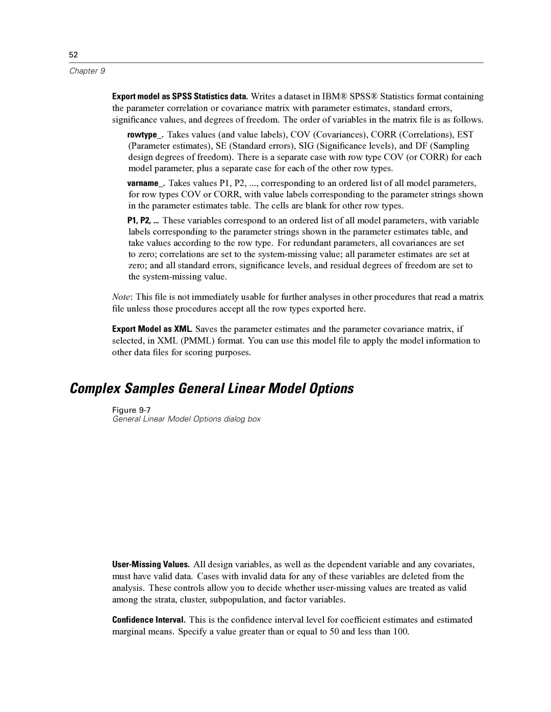 IBM SPSS COMPLEX SAMPLES 19 manual Complex Samples General Linear Model Options 