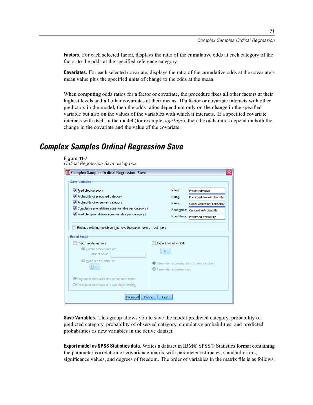 IBM SPSS COMPLEX SAMPLES 19 manual Complex Samples Ordinal Regression Save 