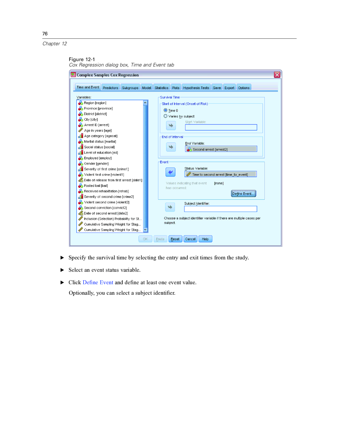 IBM SPSS COMPLEX SAMPLES 19 manual Chapter Cox Regression dialog box, Time and Event tab 