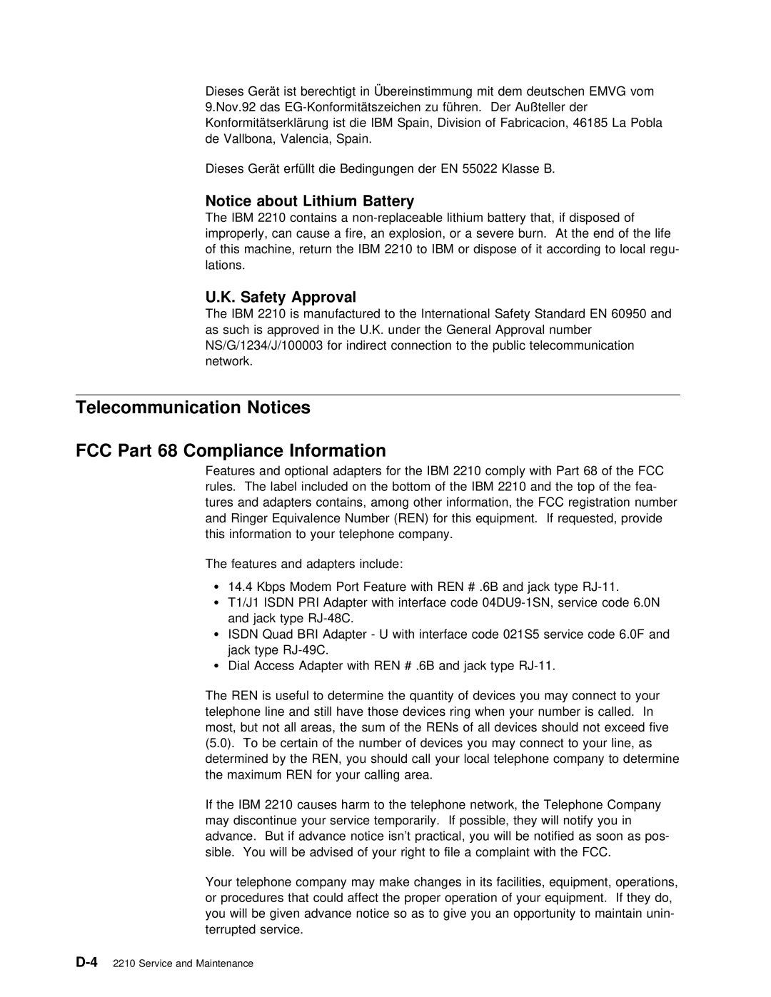 IBM SY27-0345-06 manual Telecommunication Notices FCC Part 68 Compliance Information 