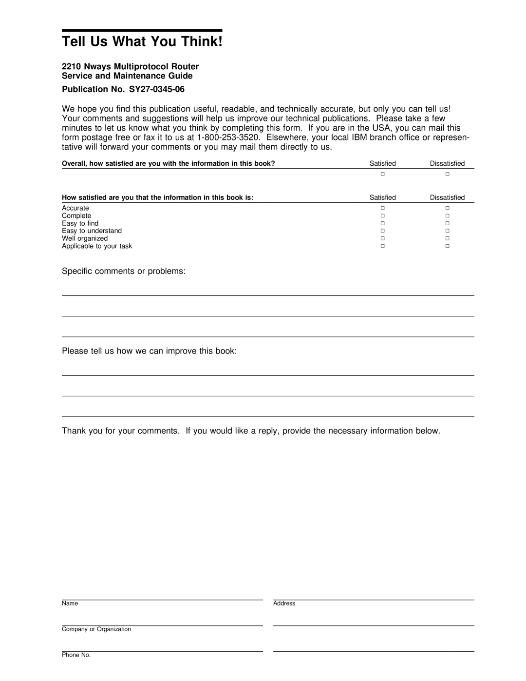 IBM SY27-0345-06 manual Tell Us What You Think 