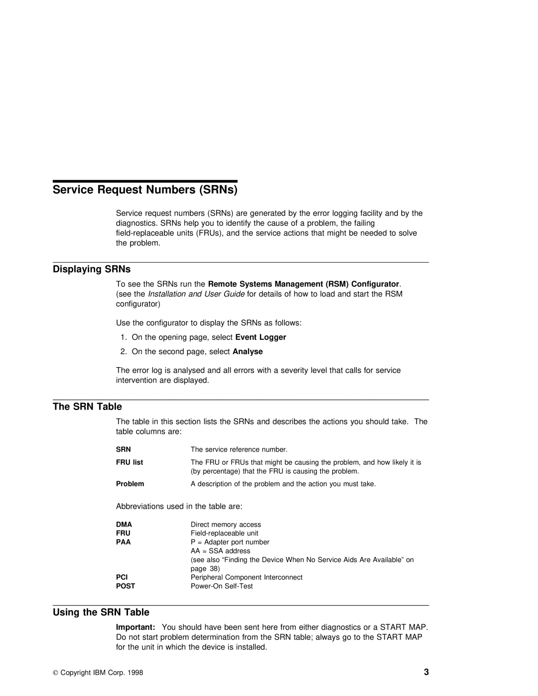 IBM SY33-0193-00 manual Displaying SRNs, Using the SRN Table, See Installation 