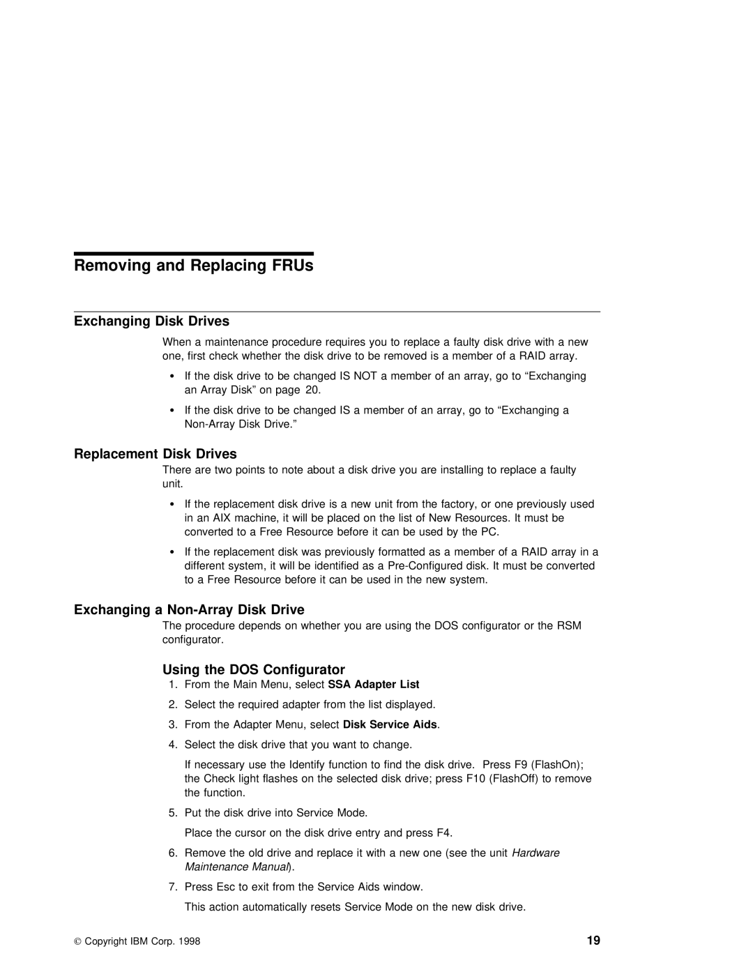 IBM SY33-0193-00 manual Replacement Disk Drives, Exchanging a Non-Array Disk Drive, Using the DOS Configurator 