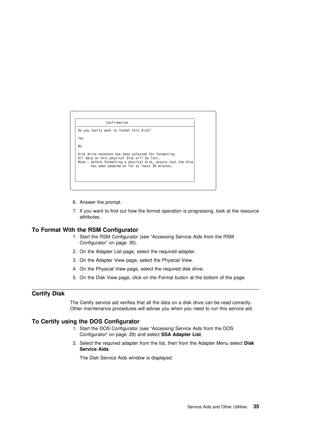 IBM SY33-0193-00 manual To Format With the RSM Configurator, Certify Disk, To Certify using the DOS Configurator 