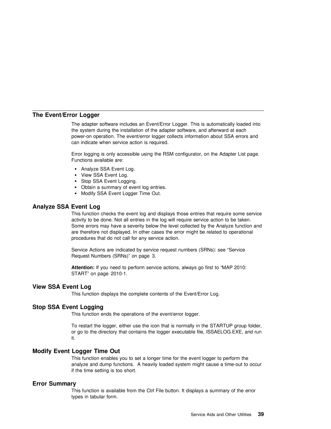 IBM SY33-0193-00 manual Event/Error Logger, View SSA Event Log, Stop SSA Event Logging, Modify Event Logger Time Out 