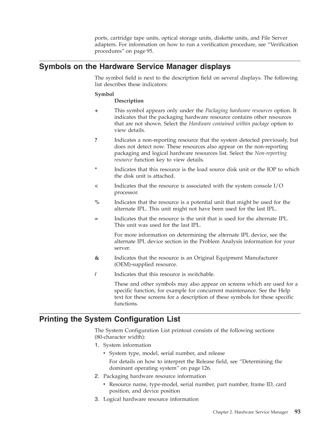 IBM SY44-5902-05 manual Symbols on the Hardware Service Manager displays, Printing the System Configuration List 