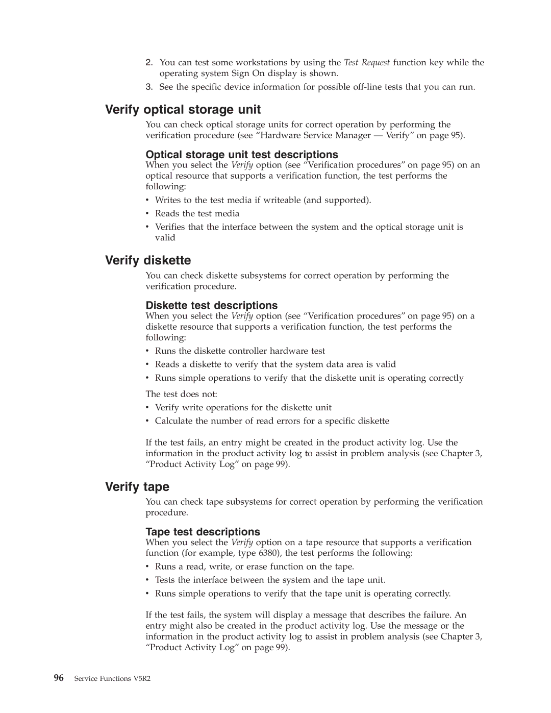 IBM SY44-5902-05 manual Verify optical storage unit, Verify diskette, Verify tape 