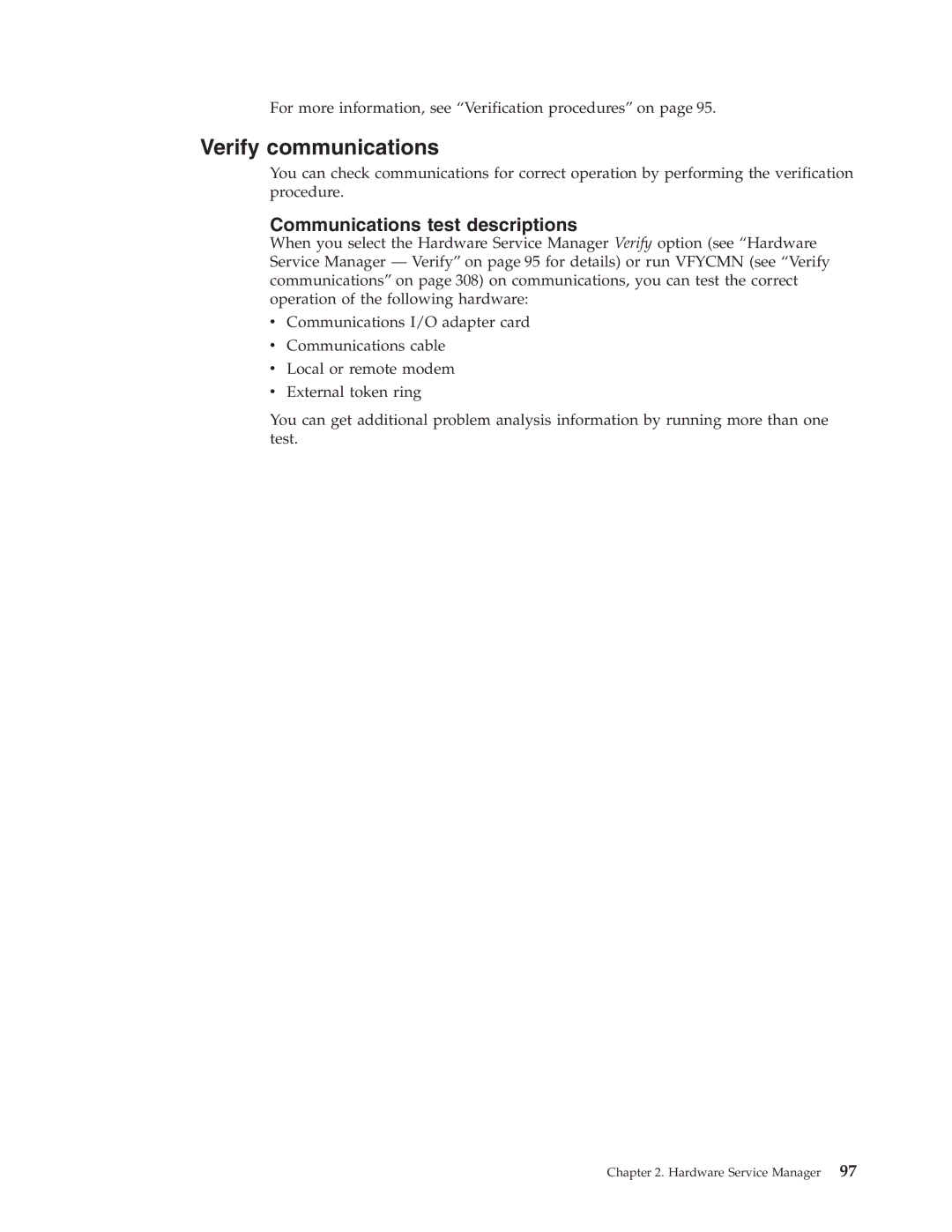 IBM SY44-5902-05 manual Verify communications, Communications test descriptions 