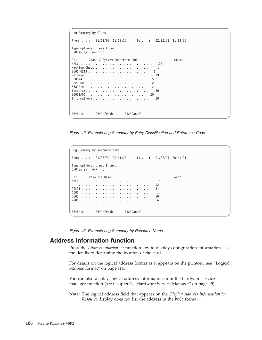 IBM SY44-5902-05 manual Address information function, Example Log Summary by Resource Name 