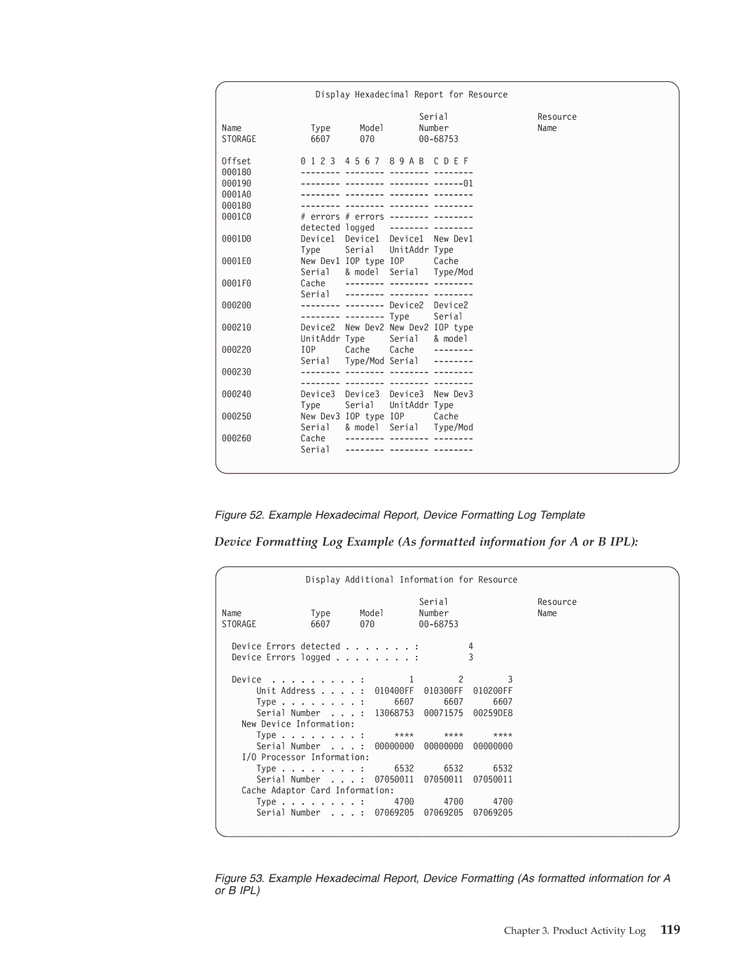 IBM SY44-5902-05 manual Example Hexadecimal Report, Device Formatting Log Template 