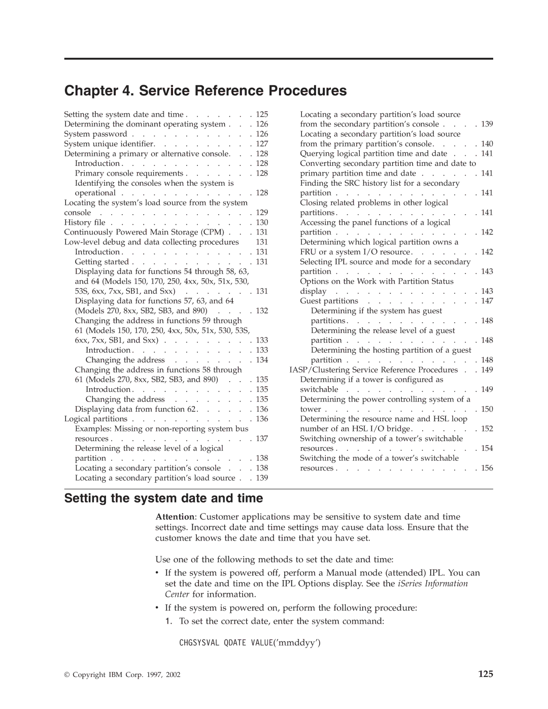 IBM SY44-5902-05 manual Service Reference Procedures, Setting the system date and time 