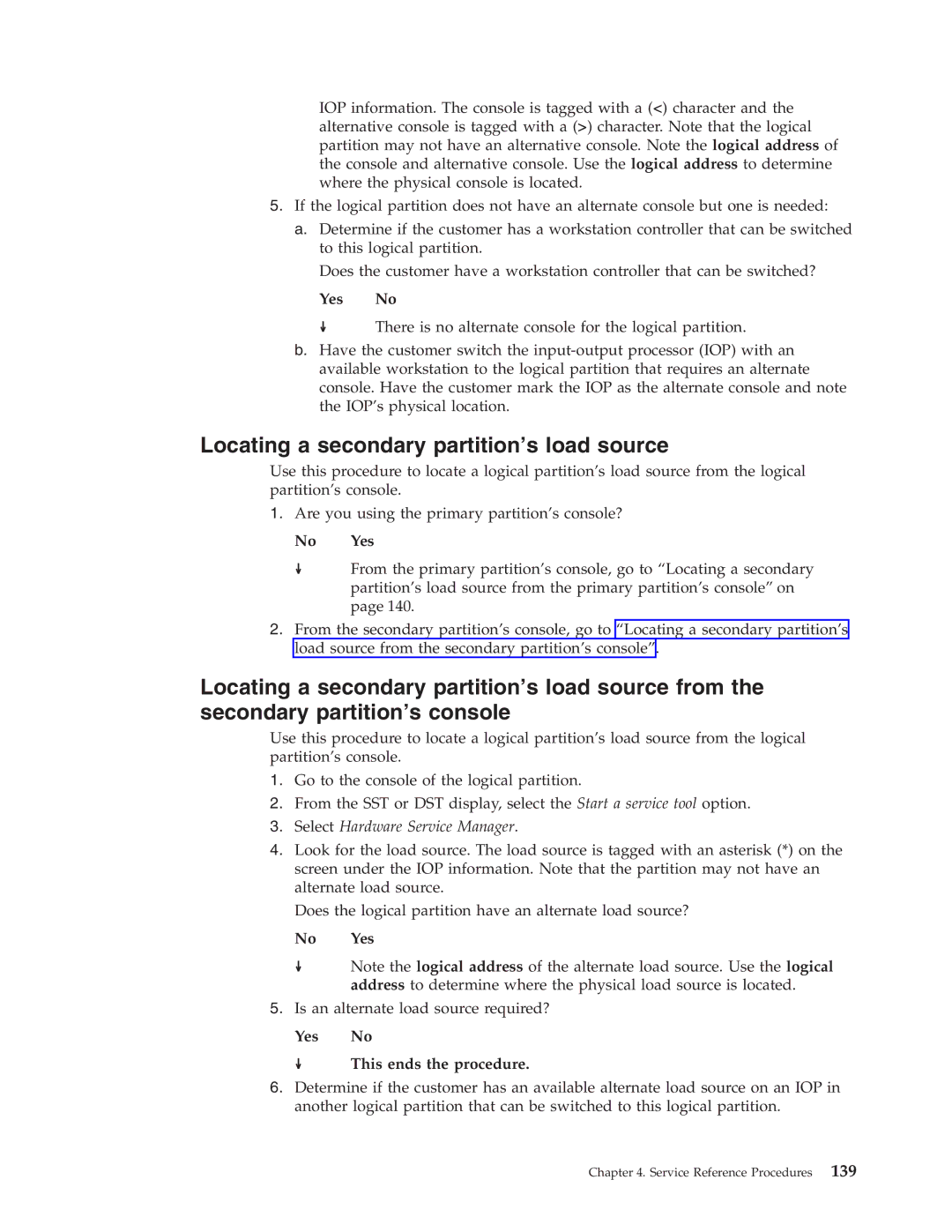 IBM SY44-5902-05 manual Locating a secondary partition’s load source, Yes No, No Yes, Select Hardware Service Manager 