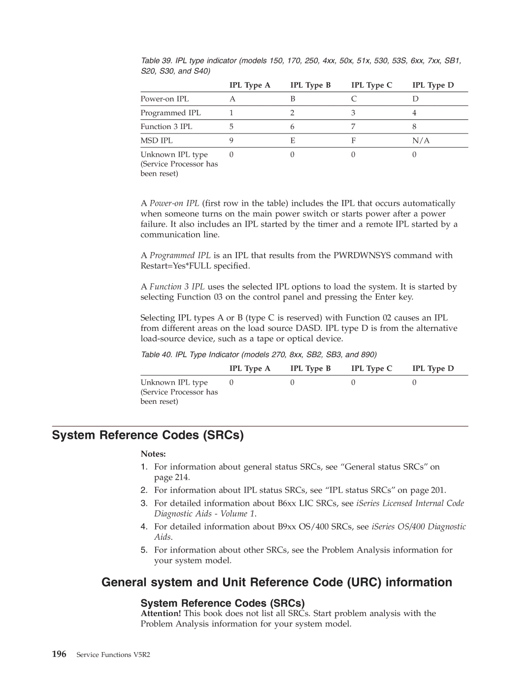 IBM SY44-5902-05 manual System Reference Codes SRCs, General system and Unit Reference Code URC information 