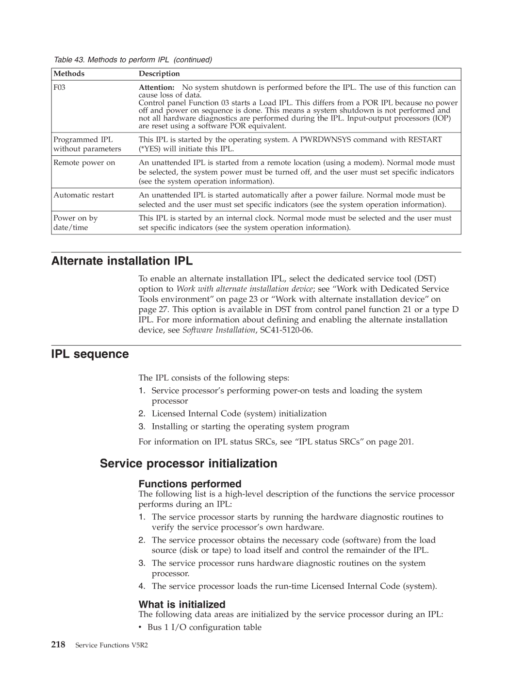 IBM SY44-5902-05 manual Alternate installation IPL, IPL sequence, Service processor initialization, Functions performed 