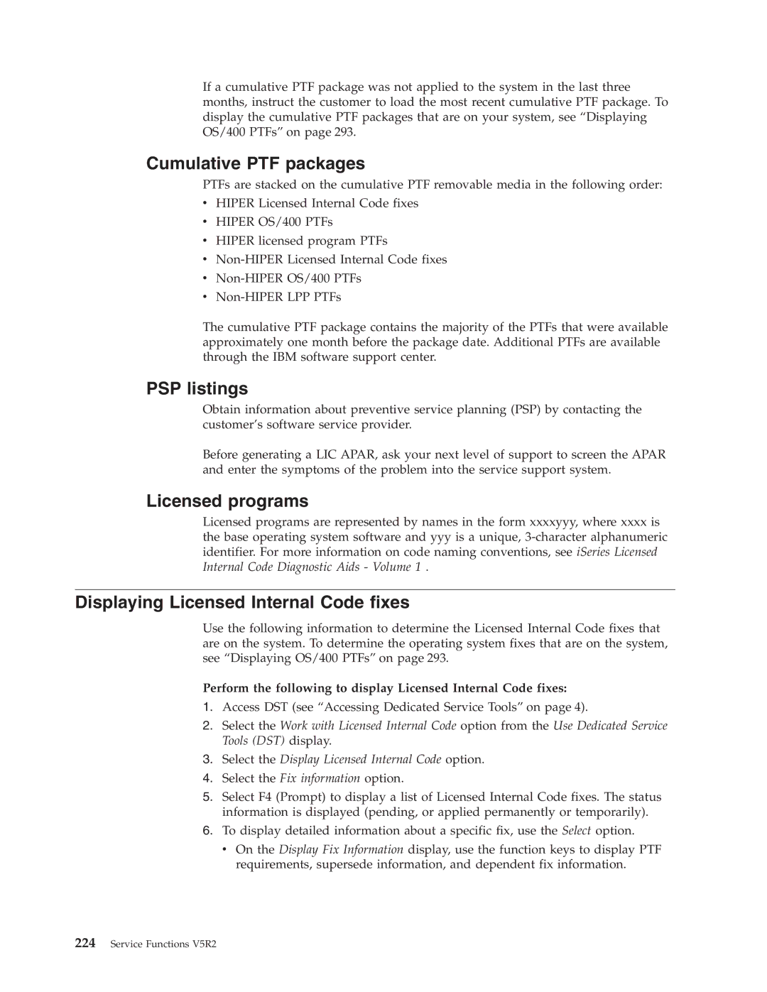 IBM SY44-5902-05 manual Cumulative PTF packages, PSP listings, Licensed programs, Displaying Licensed Internal Code fixes 