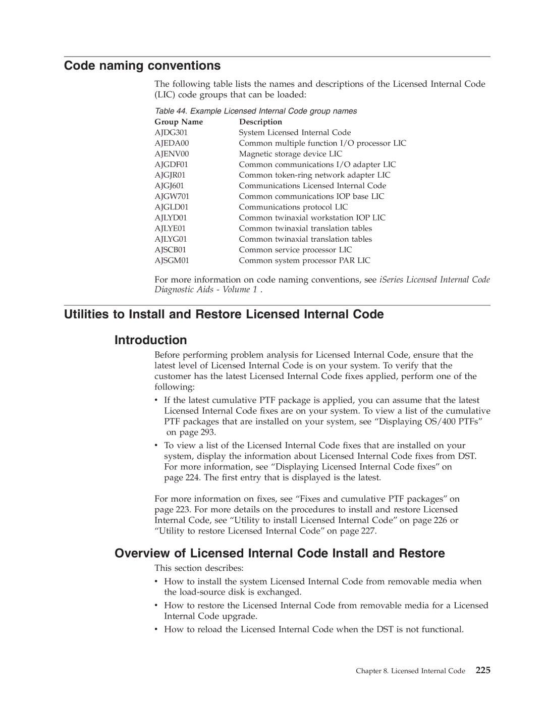 IBM SY44-5902-05 Code naming conventions, Overview of Licensed Internal Code Install and Restore, Group Name Description 