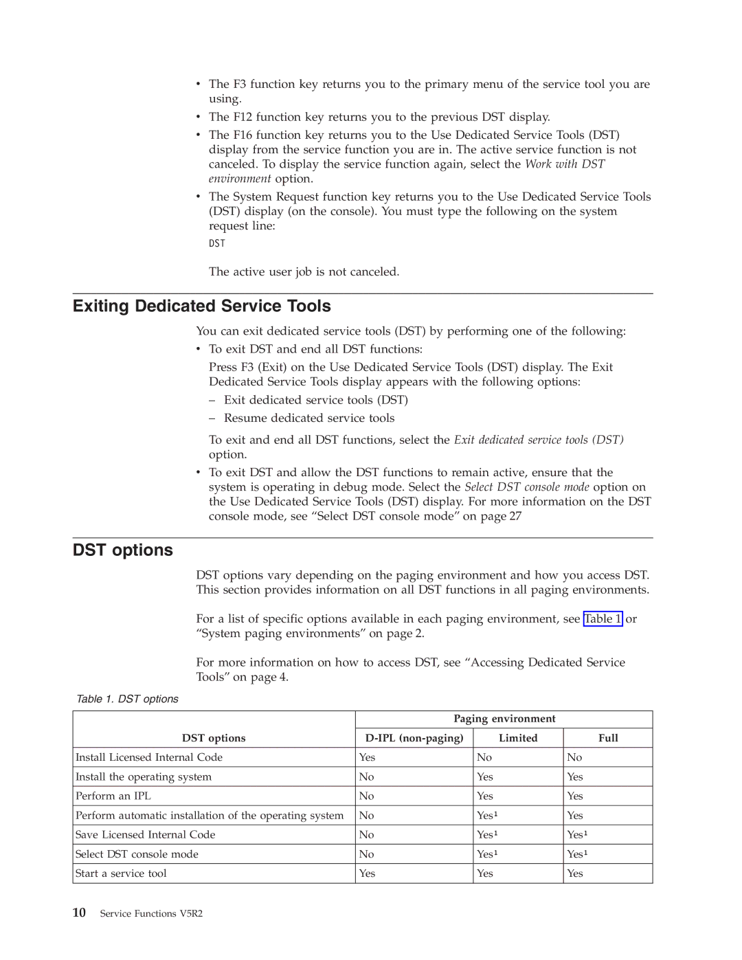 IBM SY44-5902-05 manual Exiting Dedicated Service Tools, Paging environment DST options IPL non-paging Limited Full 