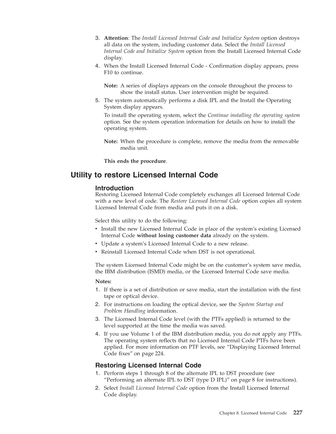 IBM SY44-5902-05 manual Utility to restore Licensed Internal Code, Restoring Licensed Internal Code 