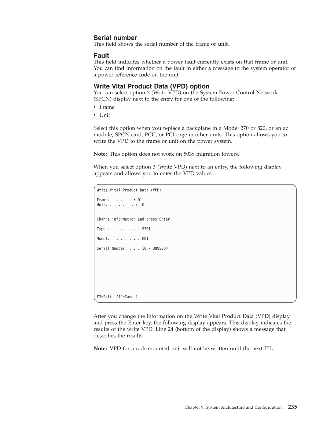 IBM SY44-5902-05 manual Fault, Write Vital Product Data VPD option 