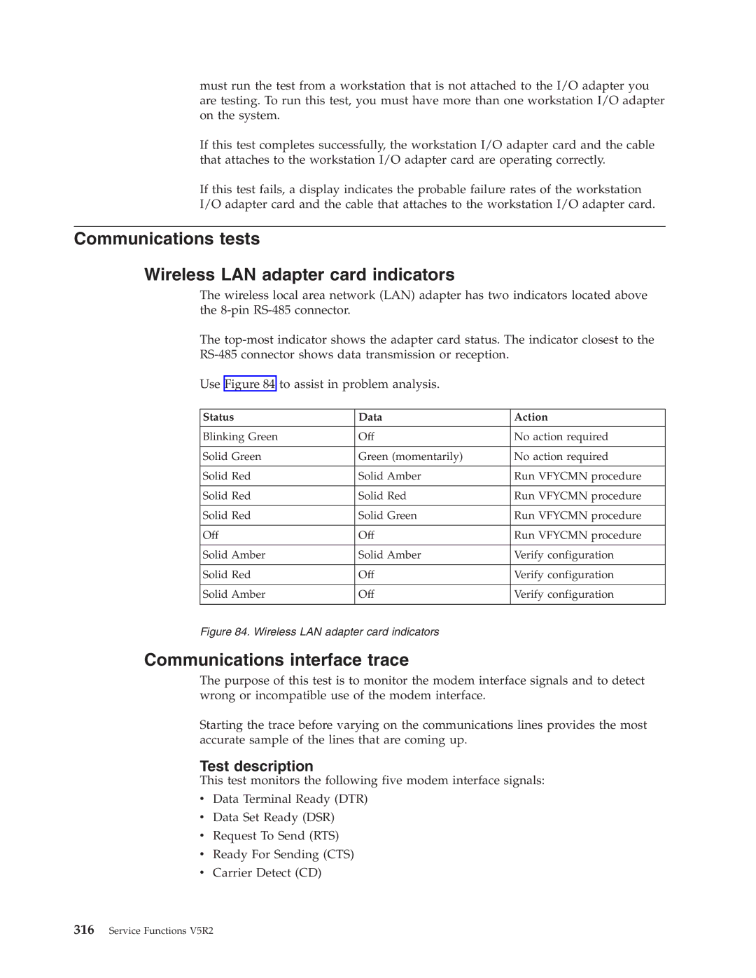 IBM SY44-5902-05 manual Communications tests Wireless LAN adapter card indicators, Communications interface trace 