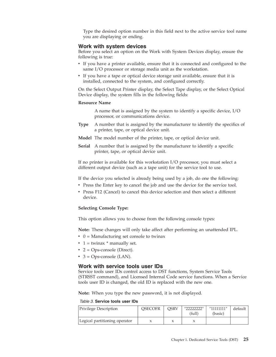 IBM SY44-5902-05 manual Work with system devices, Work with service tools user IDs, Resource Name, Selecting Console Type 