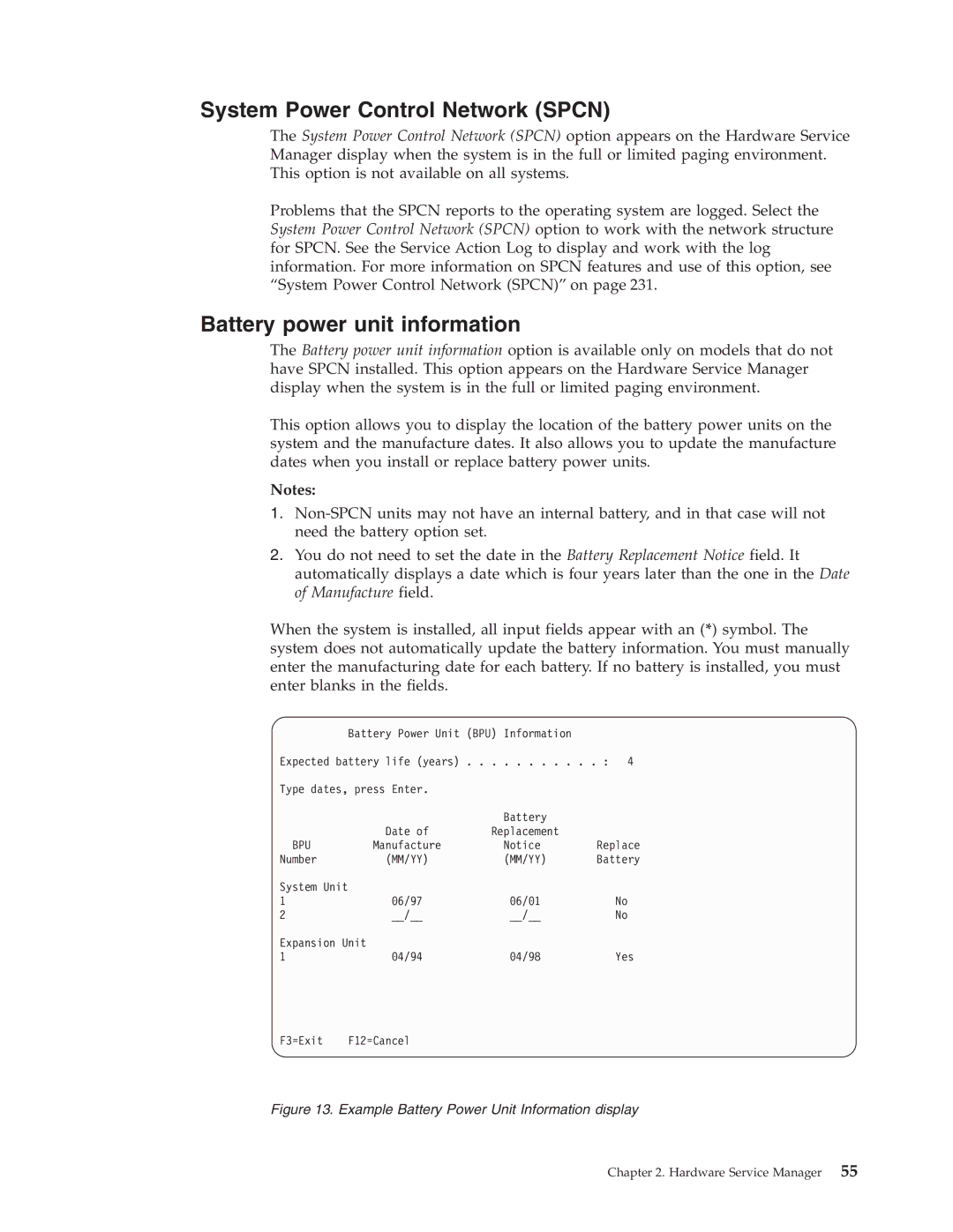 IBM SY44-5902-05 manual System Power Control Network Spcn, Battery power unit information 