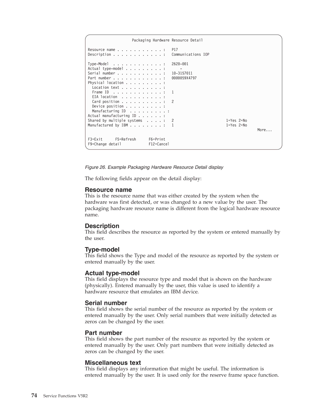 IBM SY44-5902-05 Resource name, Description, Type-model, Actual type-model, Serial number, Part number, Miscellaneous text 