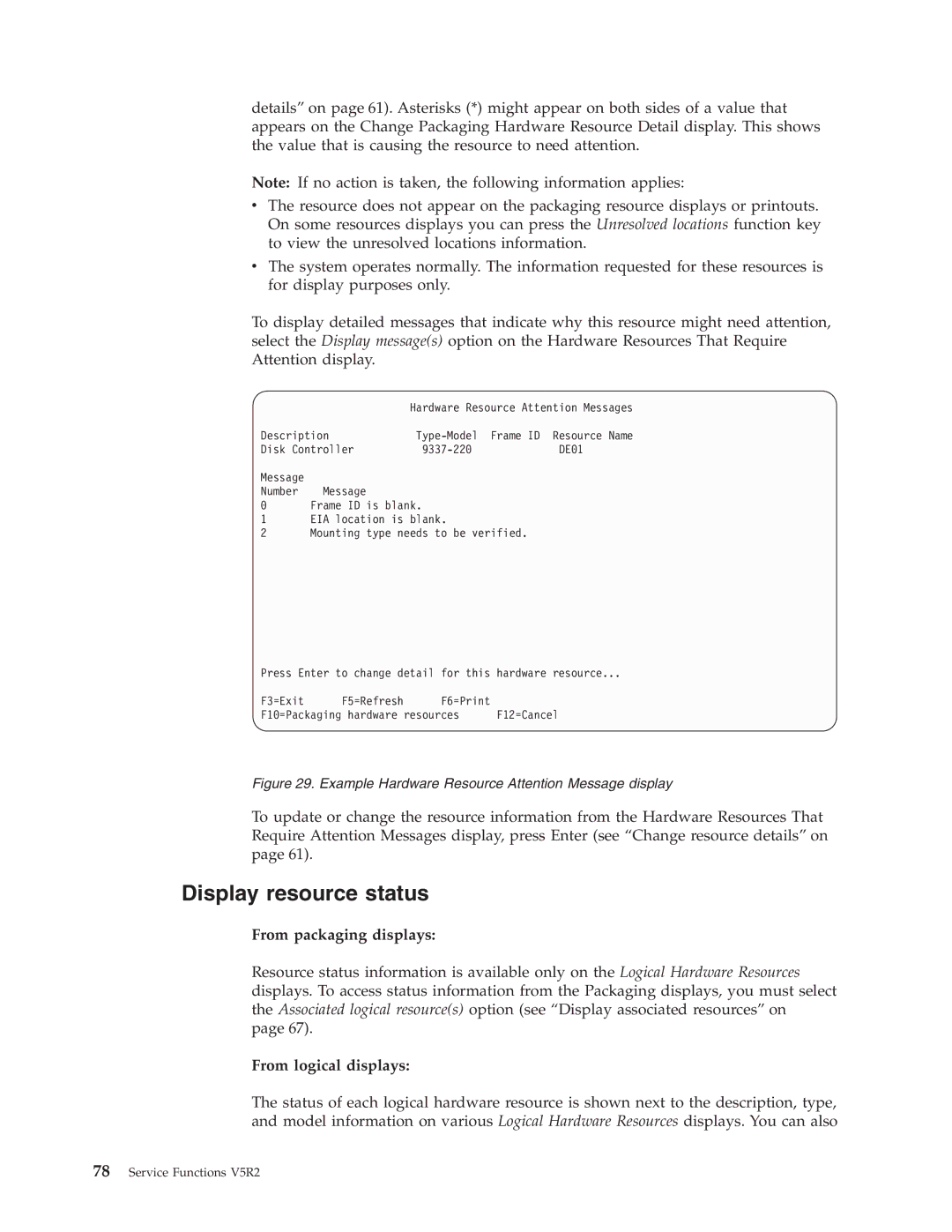 IBM SY44-5902-05 manual Display resource status, Example Hardware Resource Attention Message display 