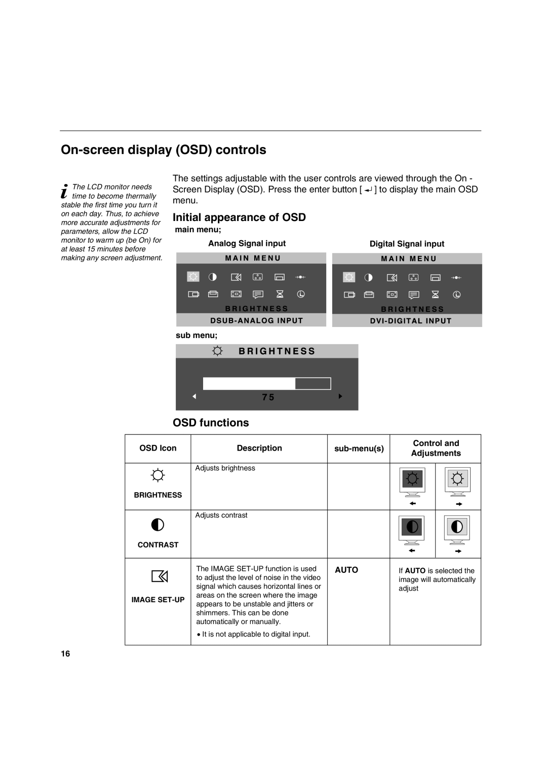 IBM T 541 manual On-screen display OSD controls, LCD monitor needs time to become thermally 