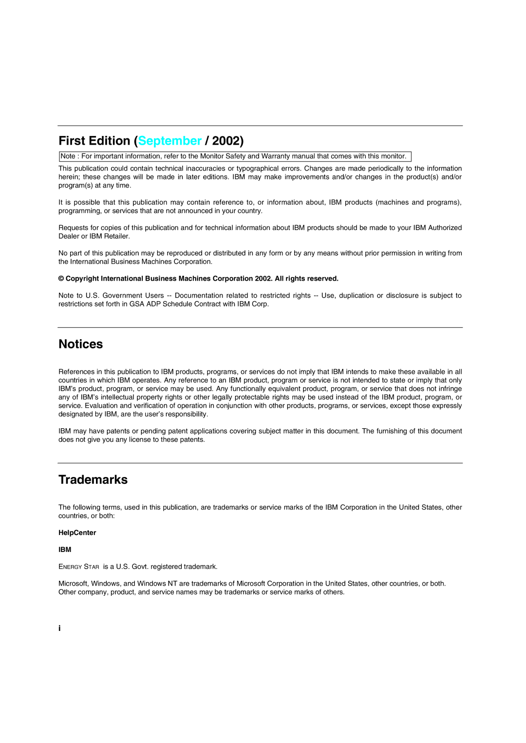 IBM T 541 manual First Edition September, Trademarks 