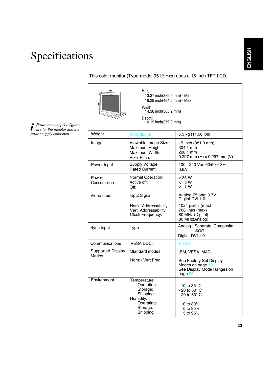 IBM T 541 manual Specifications, With Stand 