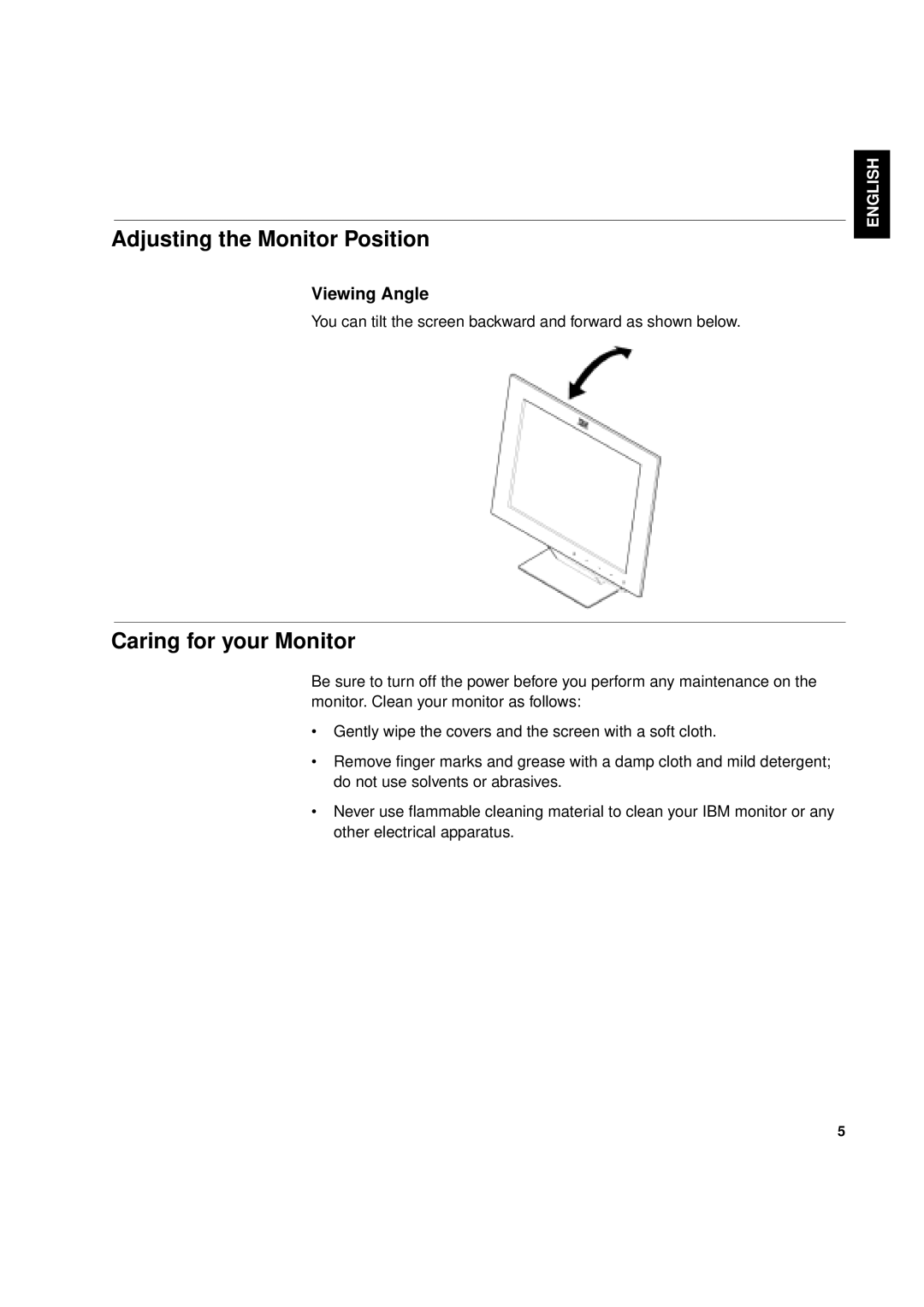 IBM T 55A manual Adjusting the Monitor Position, Caring for your Monitor, Viewing Angle 